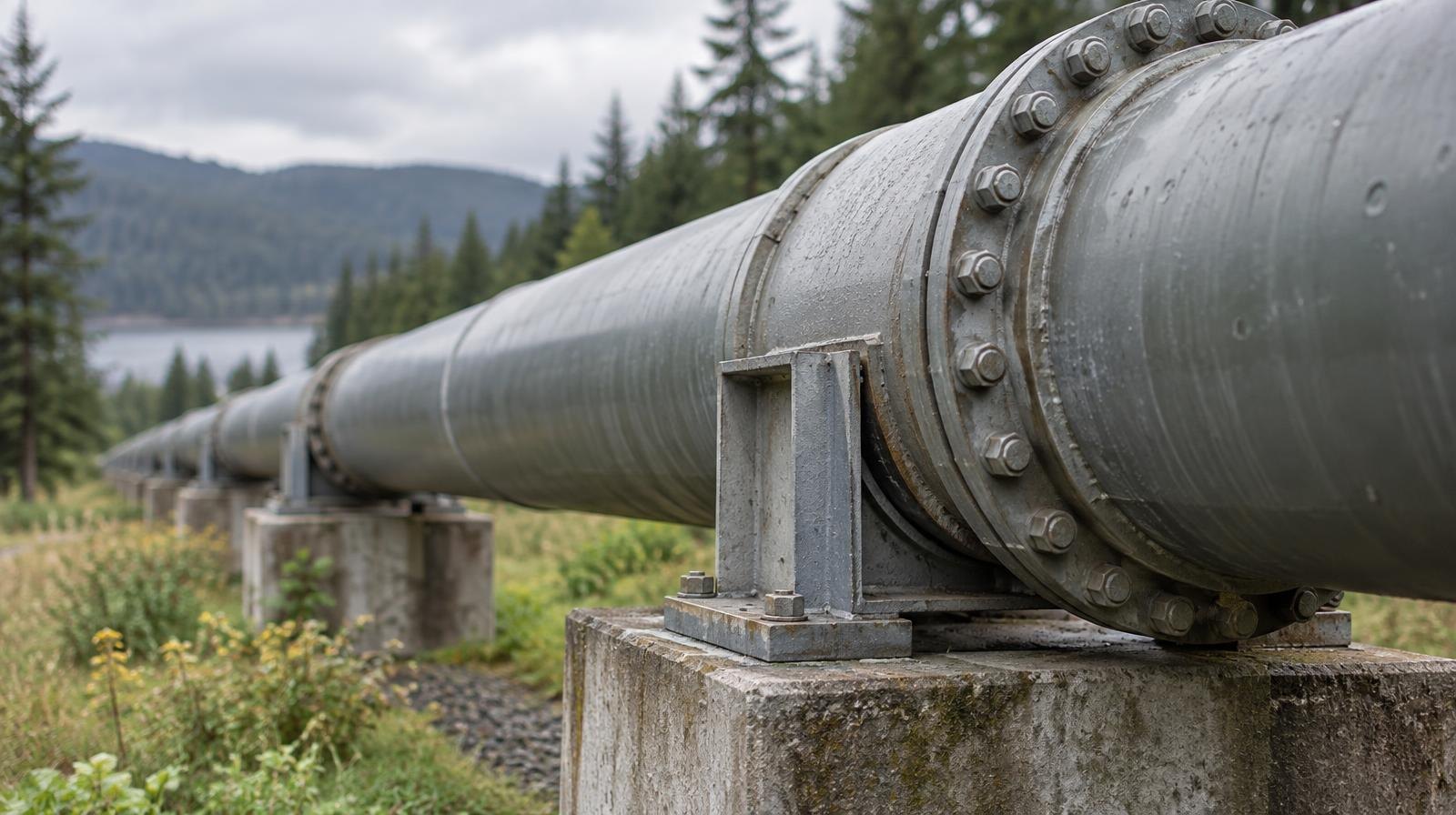 Large steel water pipe running above ground through a green outdoor landscape.