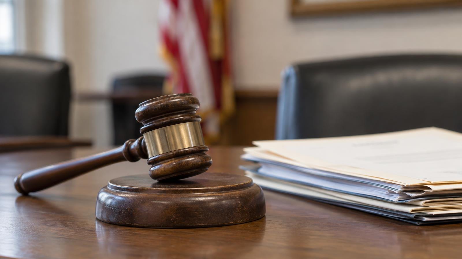 Wooden gavel resting on its sound block on a meeting room table.