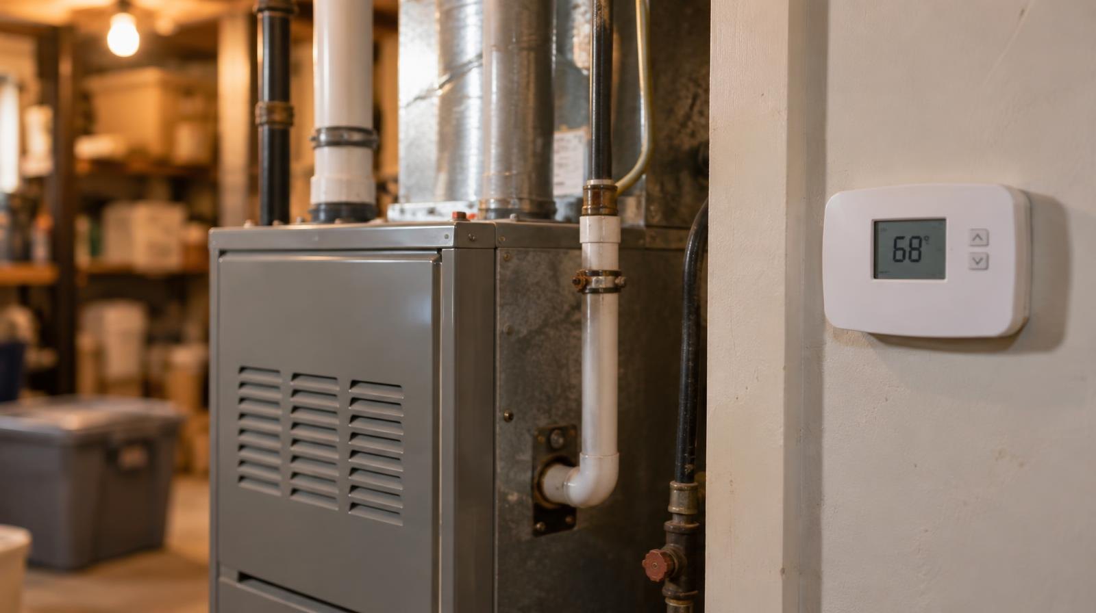 A residential gas furnace and wall thermostat in a utility room.