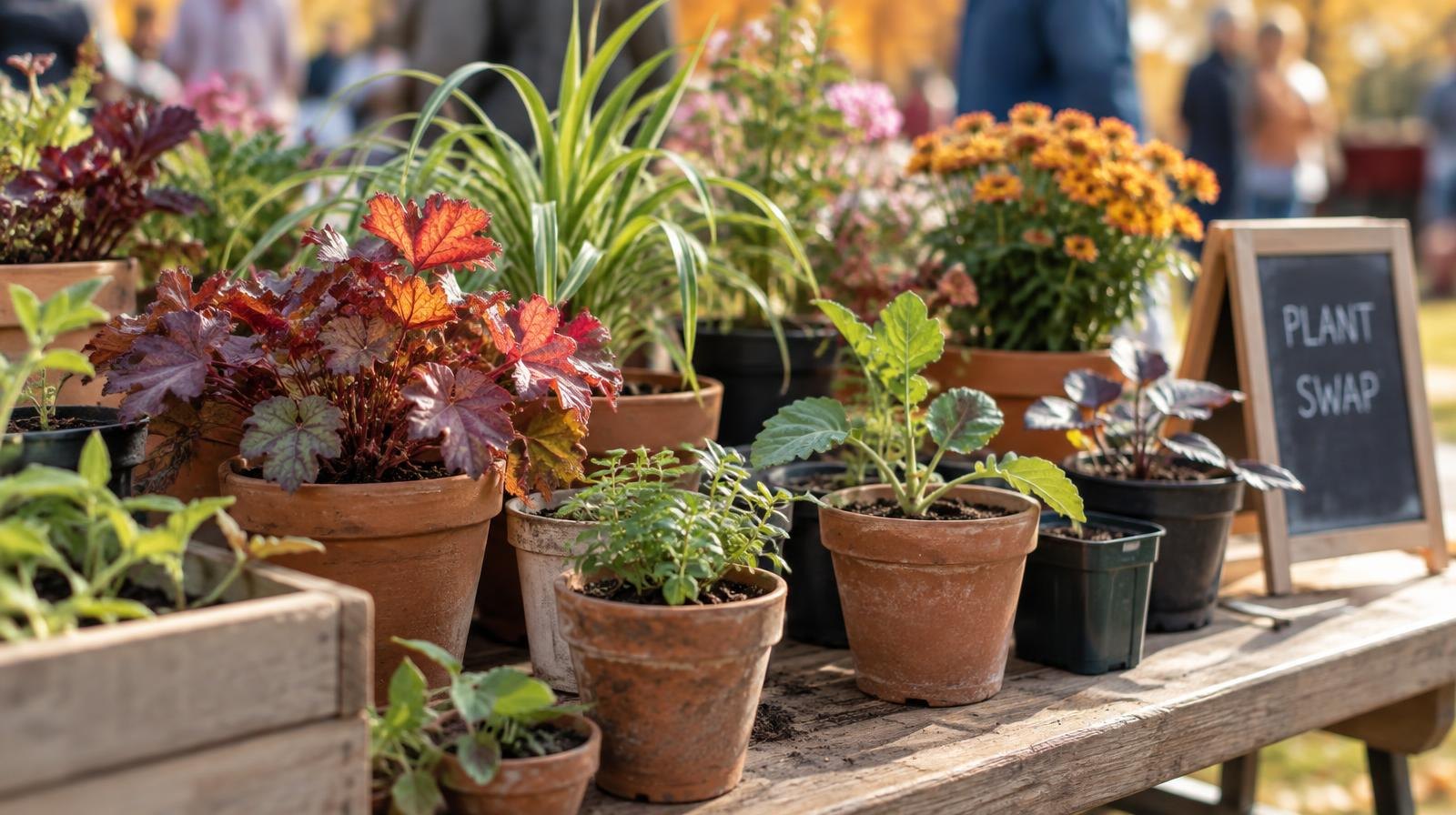 Assorted small potted plants and seedlings arranged on an outdoor table.