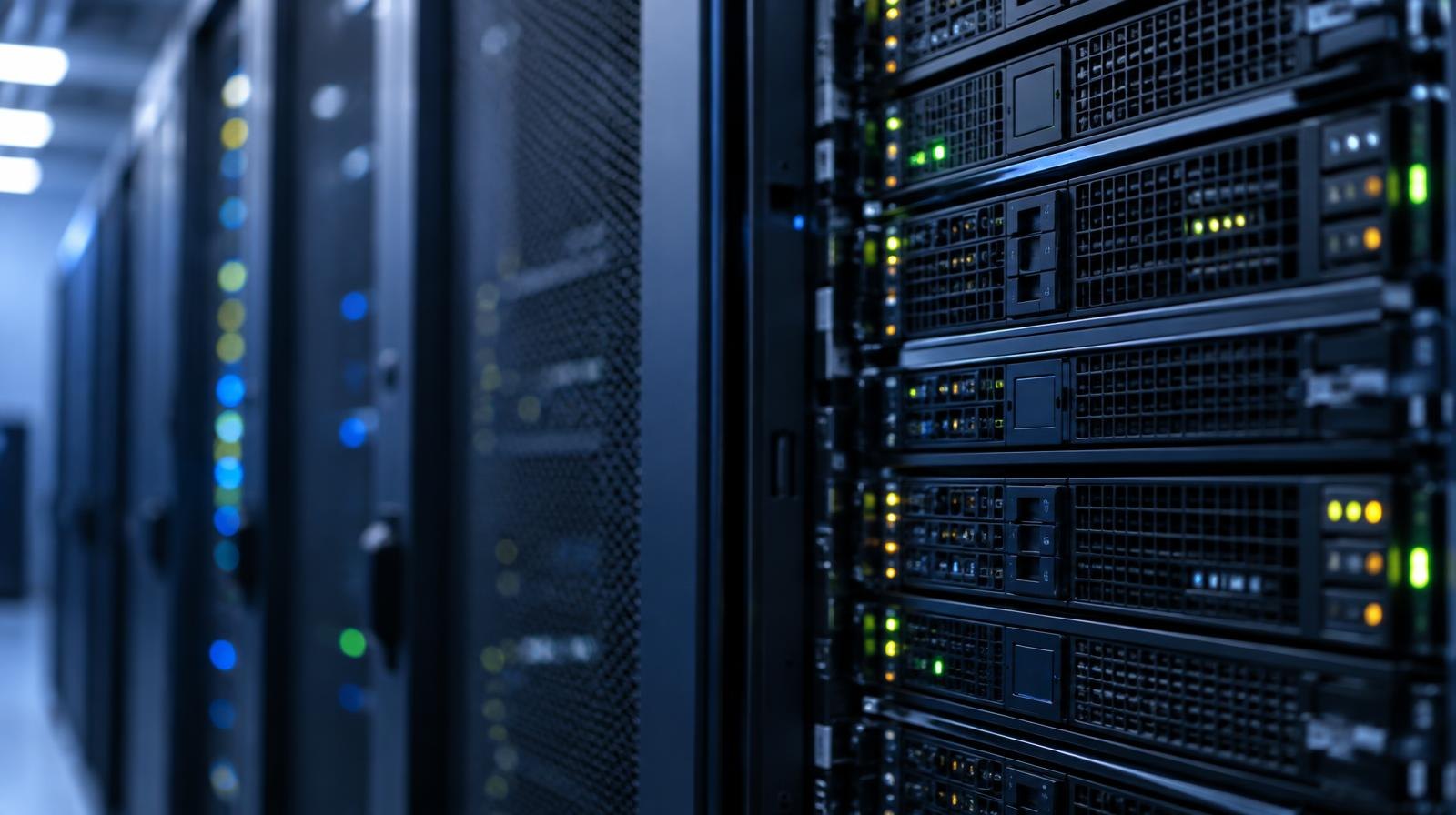 Server racks with blinking lights inside a dimly lit data center.