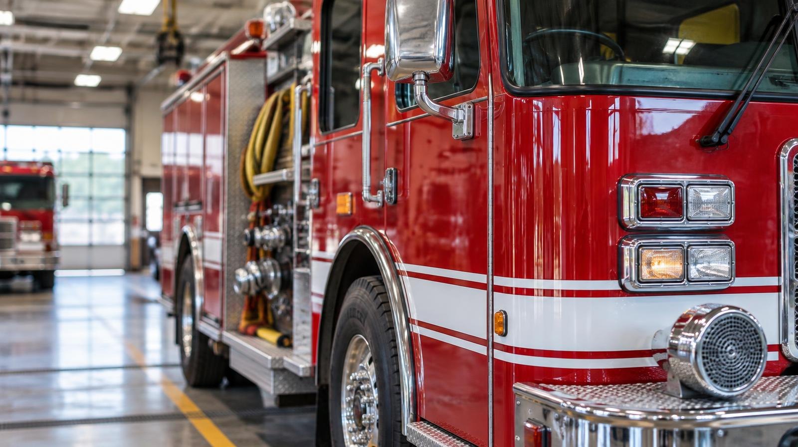 A red fire engine parked inside a bright fire station bay with coiled hoses.