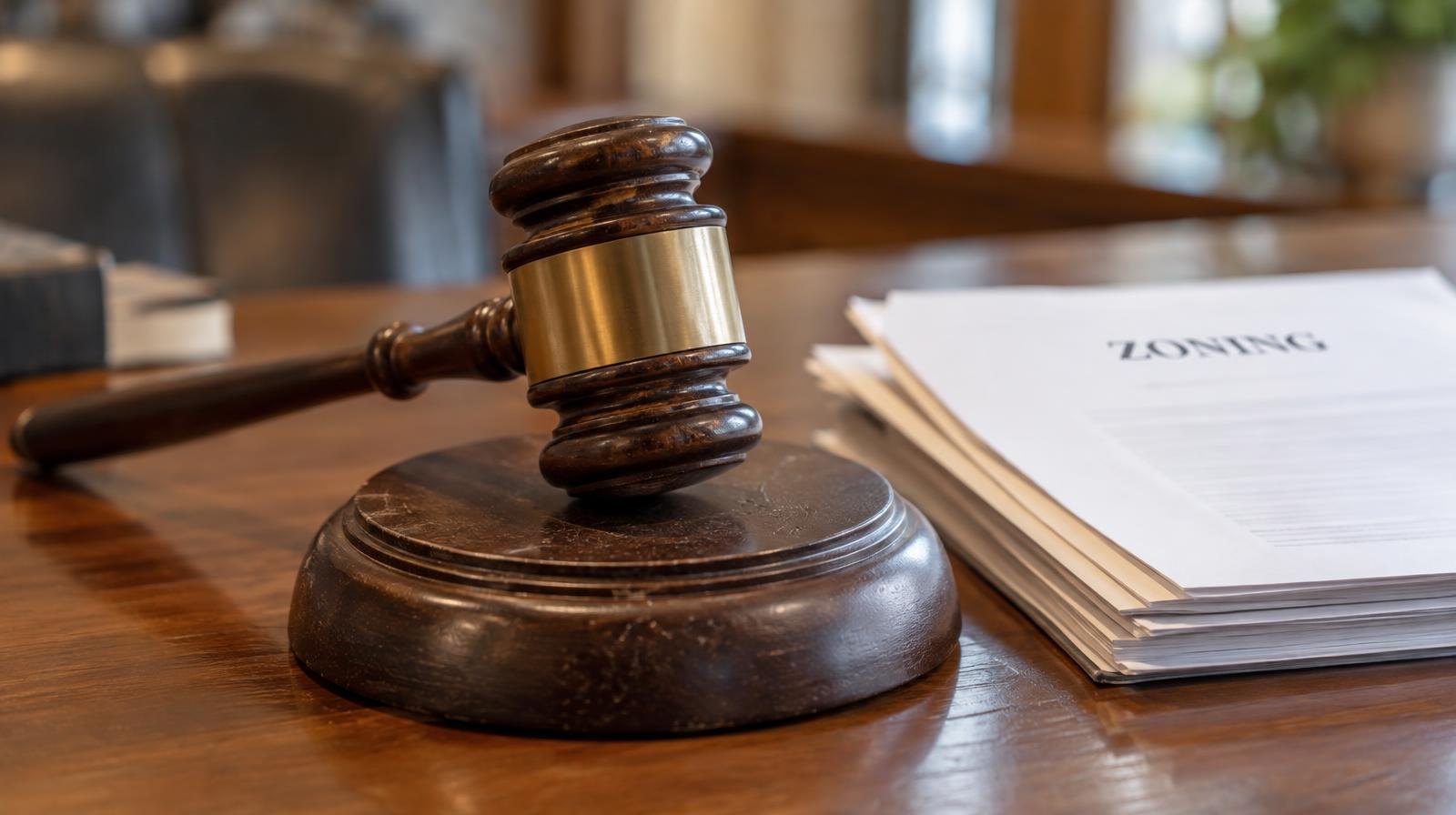 Wooden gavel resting on its sound block on a polished table.