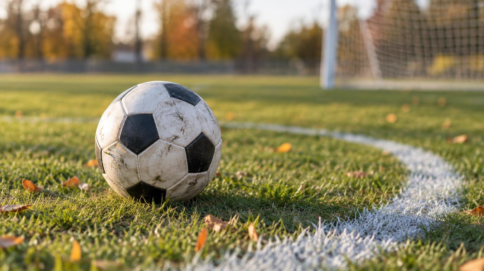 A soccer ball on a grass field near a white painted penalty arc line.