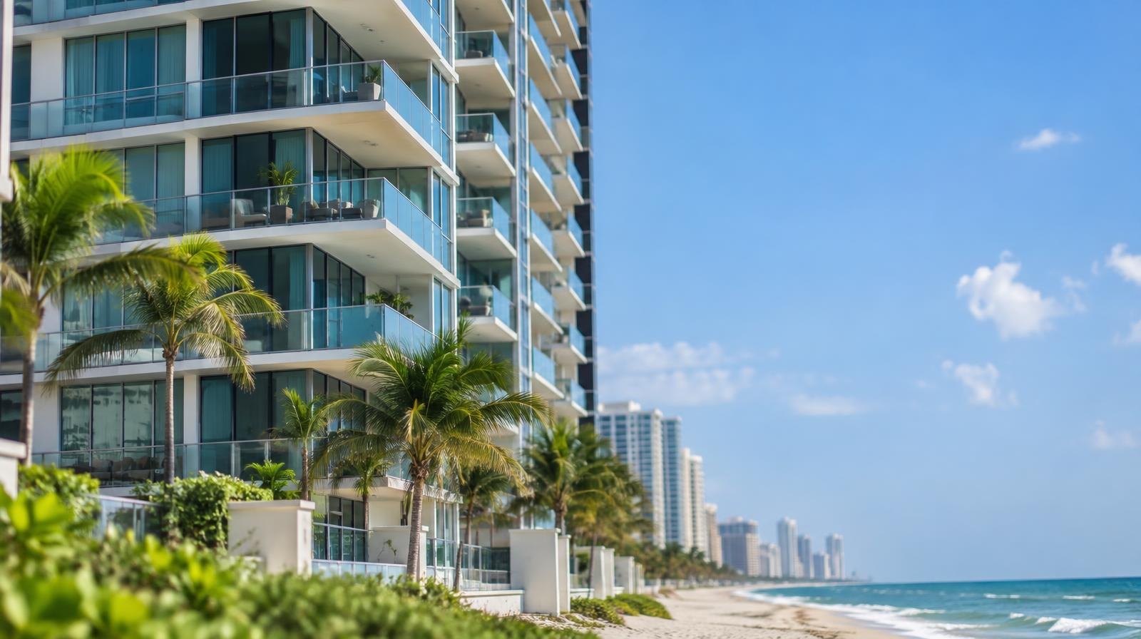 Tall glass-balconied luxury condominium tower rising against a clear blue sky above the ocean.