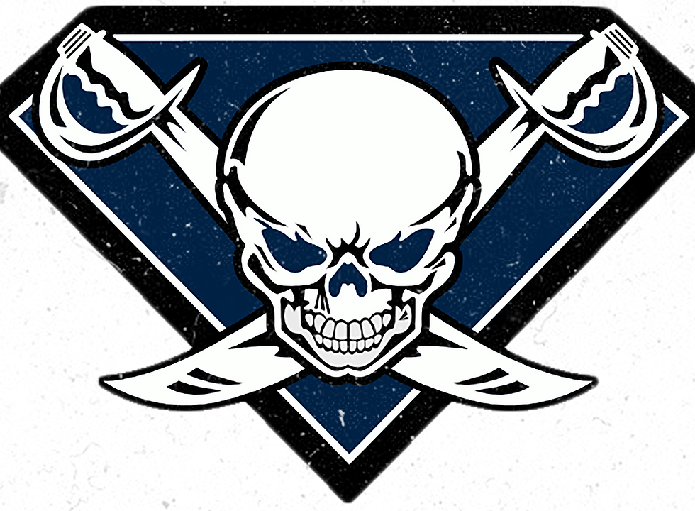 Navy blue diamond-shaped emblem featuring a skull and crossed daggers.