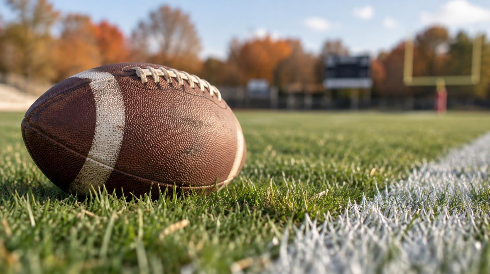 An American football resting on green grass beside a white painted yard line.