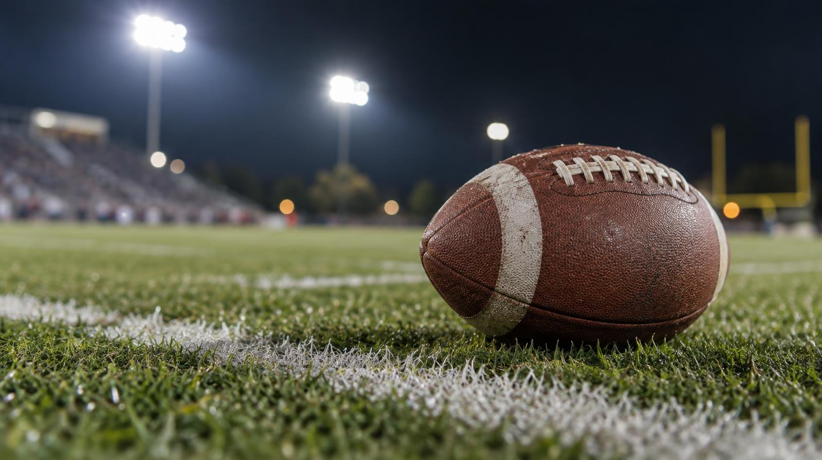 An American football on green grass near a white yard line under bright stadium lights.