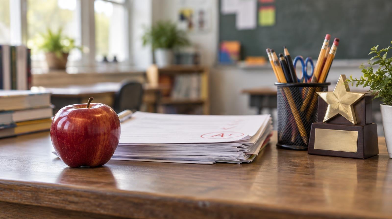 A teacher's desk holds an apple, a stack of papers, and a small award plaque.