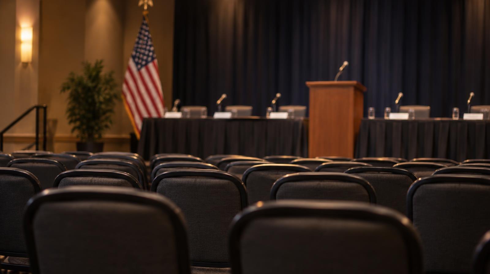 Empty auditorium-style room with rows of chairs facing a panel table and a podium.