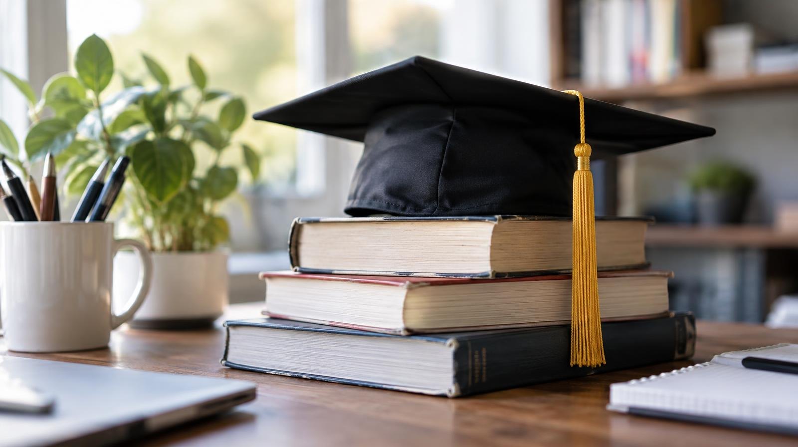 Stack of textbooks and a graduation cap resting on a wooden desk.