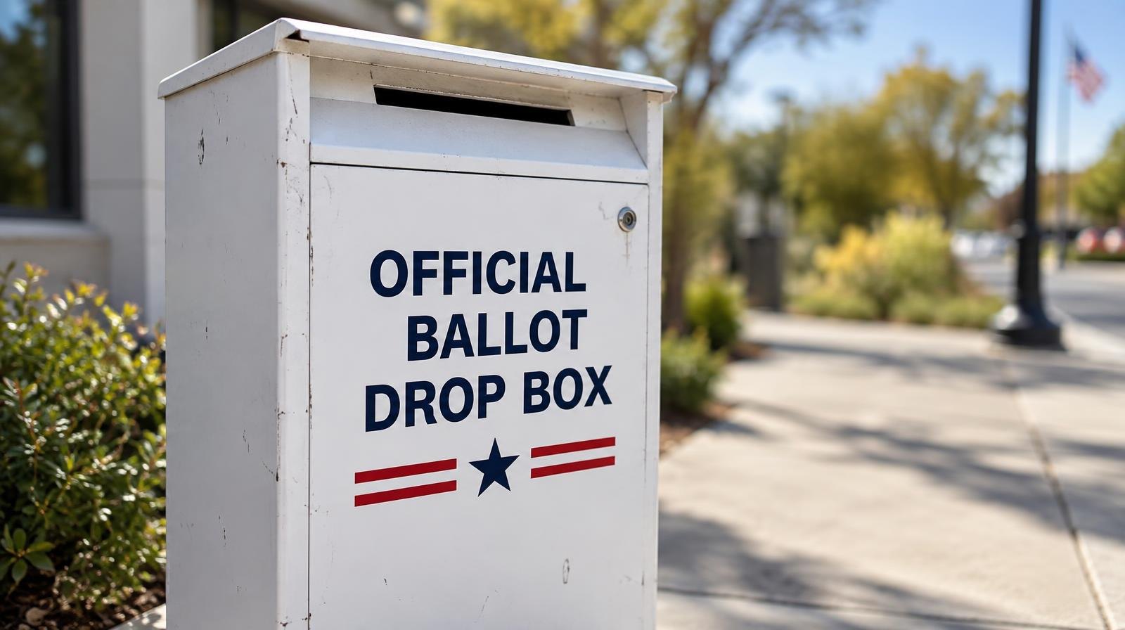 A white official ballot drop box with a mail slot on top, on a sunny sidewalk.