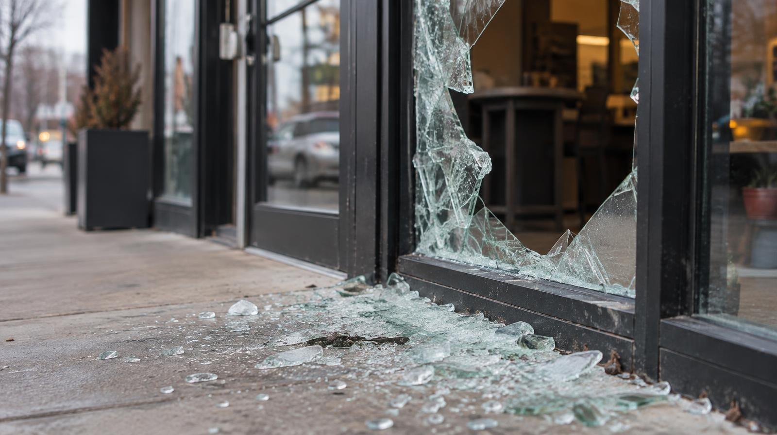 Shattered glass on a sidewalk beside a broken commercial storefront window.