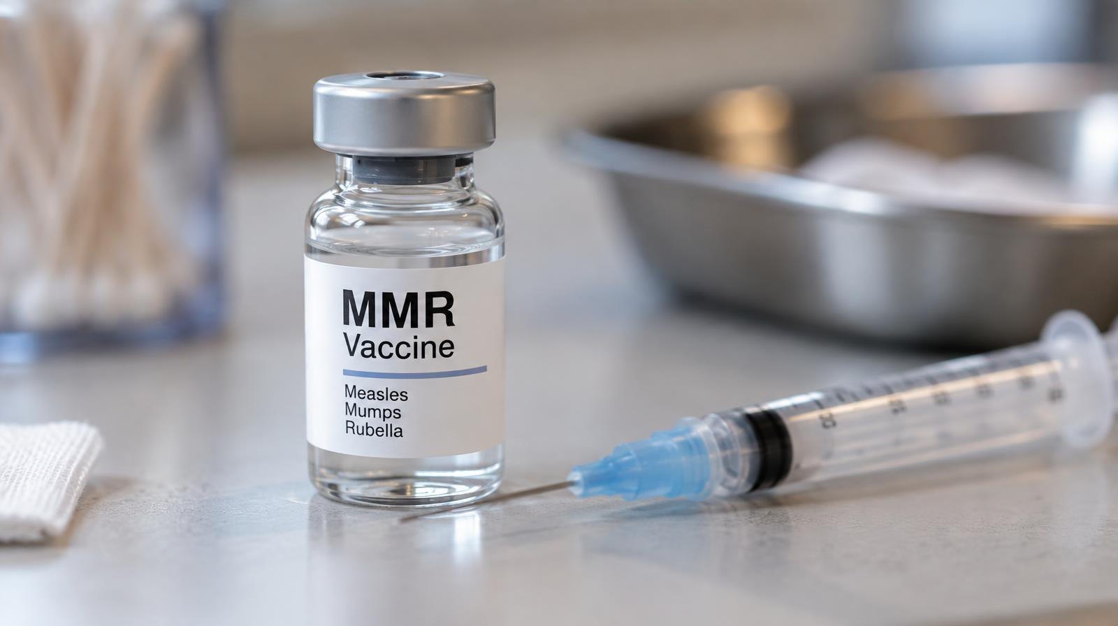 Glass vaccine vial and syringe resting on a clean clinical surface.