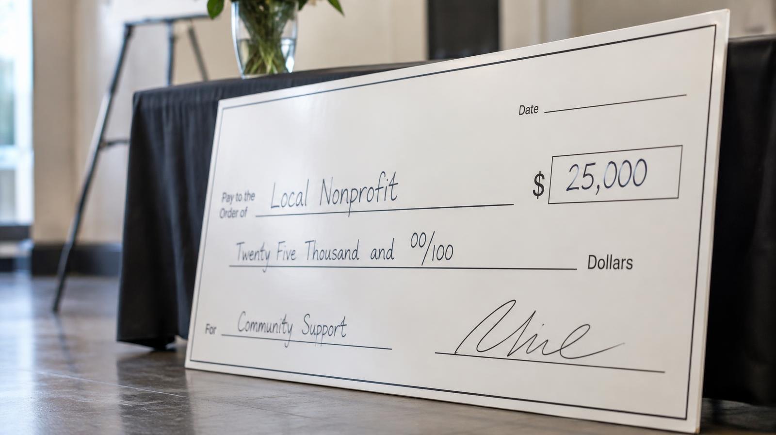 A large ceremonial check prop leaning against a table.