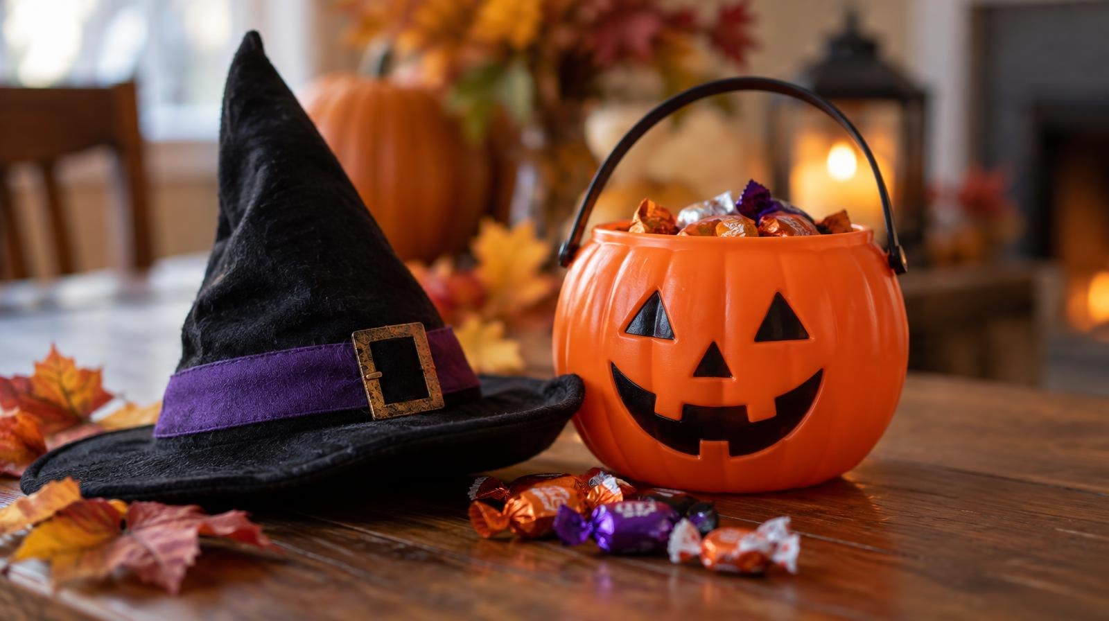 A small witch hat, orange pumpkin bucket, and wrapped candies on a wooden surface.