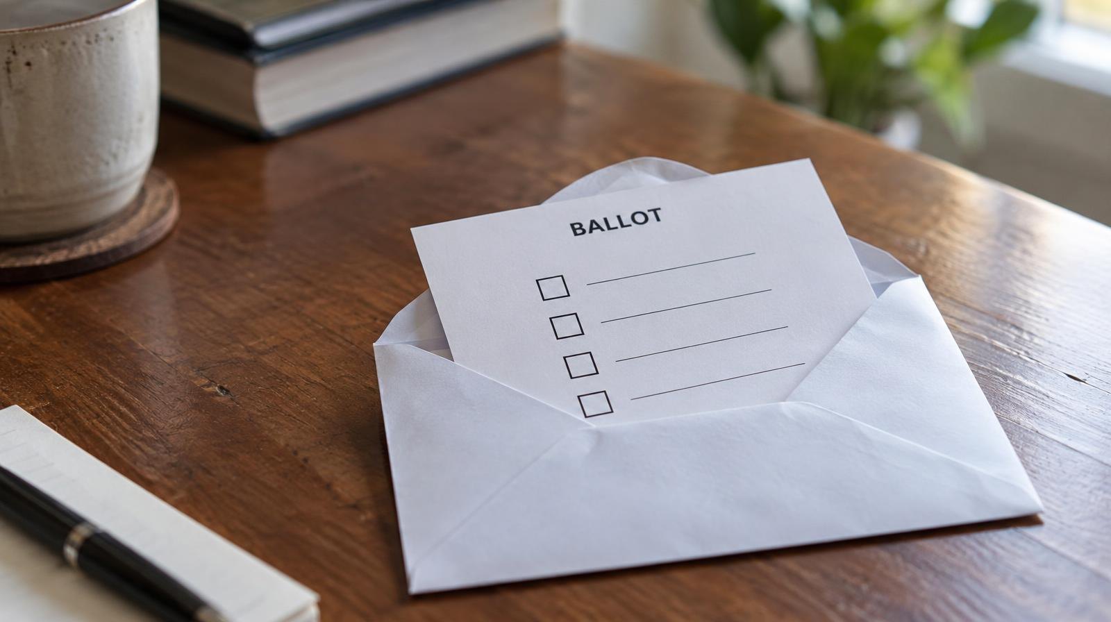 A paper ballot inside an open envelope resting on a wooden table.