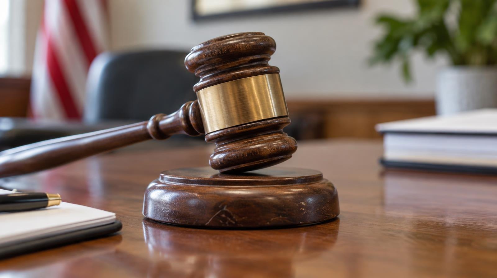 Wooden gavel resting on its sound block on a polished table.