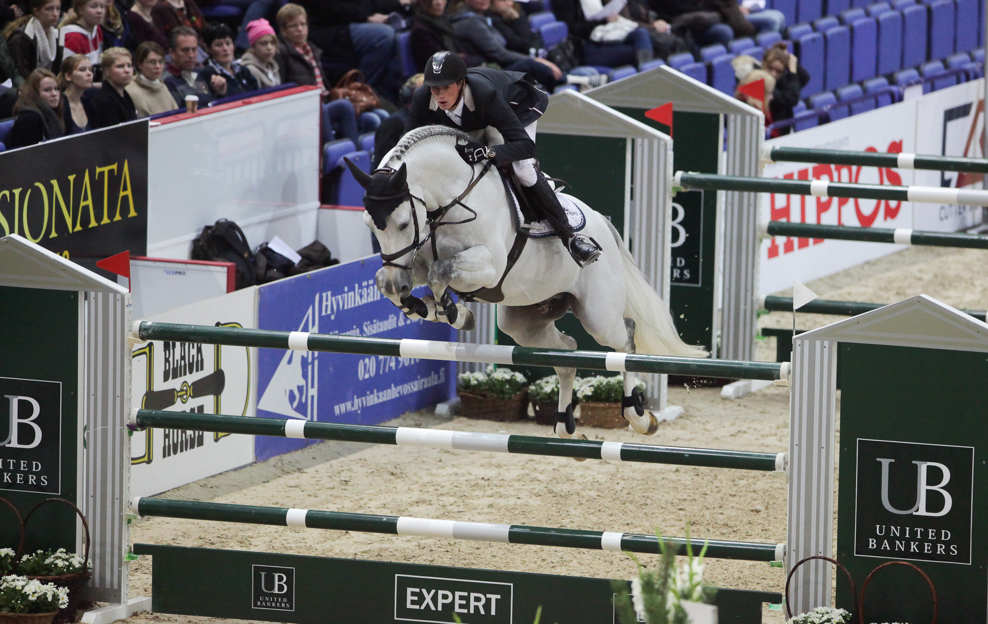 Rider on a white horse leaping over a colorful fence in an indoor arena.