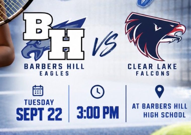 Graphic showing Barbers Hill Eagles vs. Clear Lake Falcons tennis match details: Tuesday, Sept. 22, 3 p.m., at Barbers Hill High School.