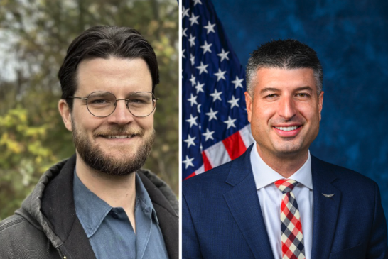 Side-by-side portraits of William Lawrence, left, wearing glasses and a denim shirt against a wooded background, and U.S. Rep. Tom Barrett, right, in a suit and tie in front of an American flag.