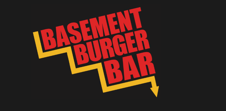 Basement Burger Bar logo, red and black lettering on a yellow zigzag background.