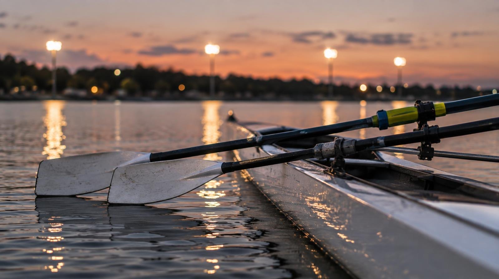 Rowing oars resting on a racing shell on calm water at dusk.