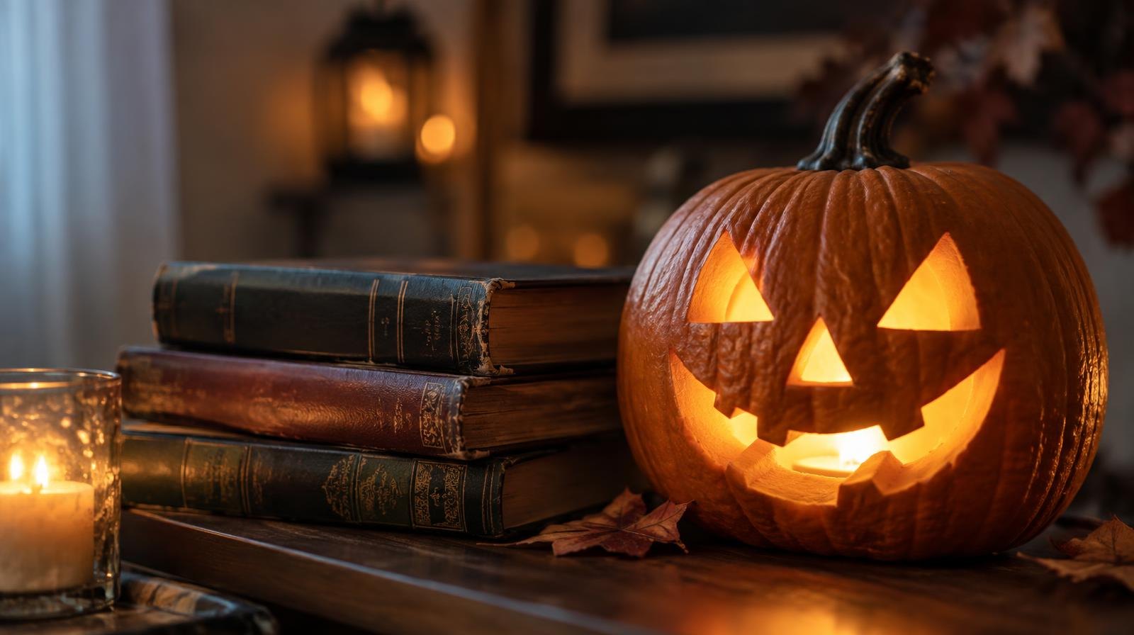 A stack of worn hardcover books beside a glowing carved pumpkin in dim amber light.