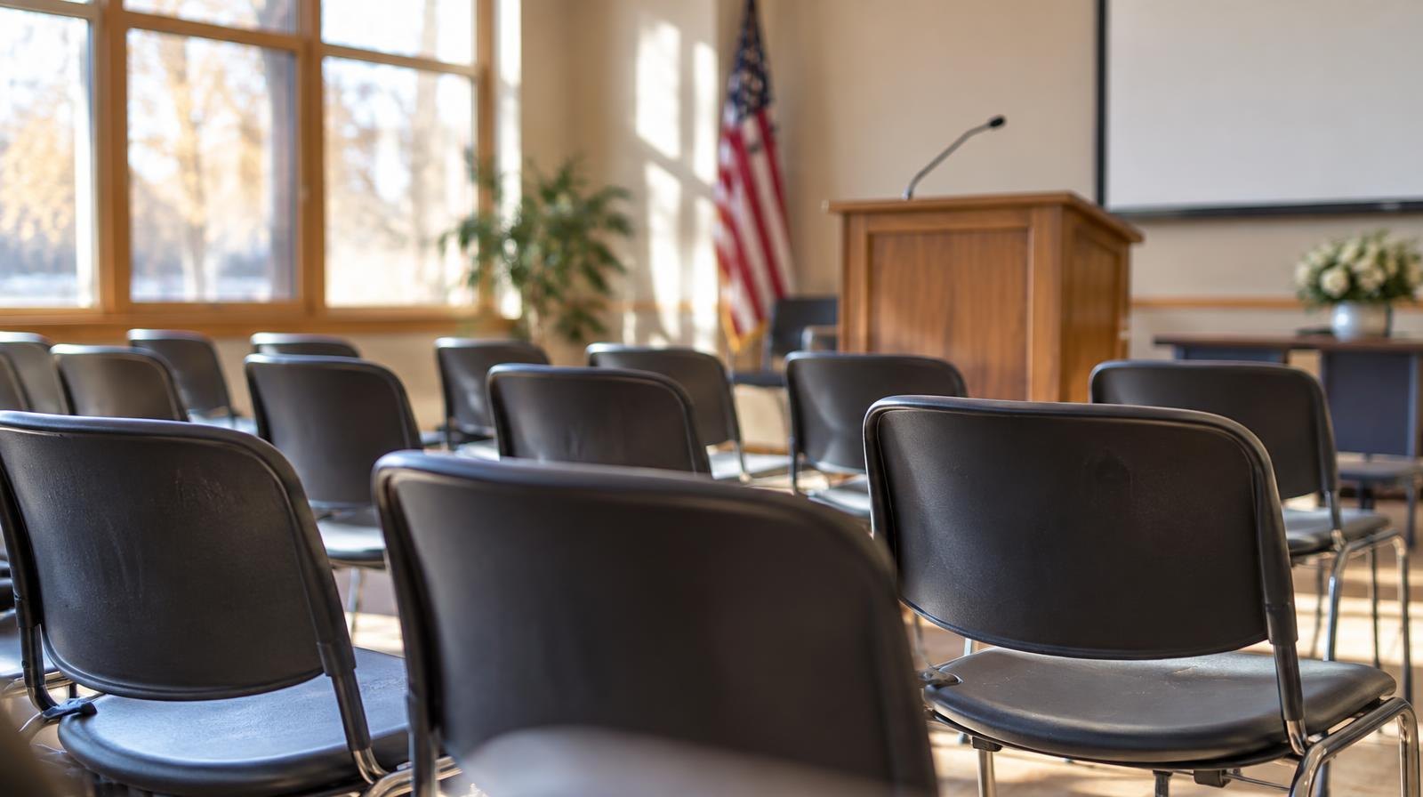Rows of empty chairs face a podium in a sunlit meeting room.