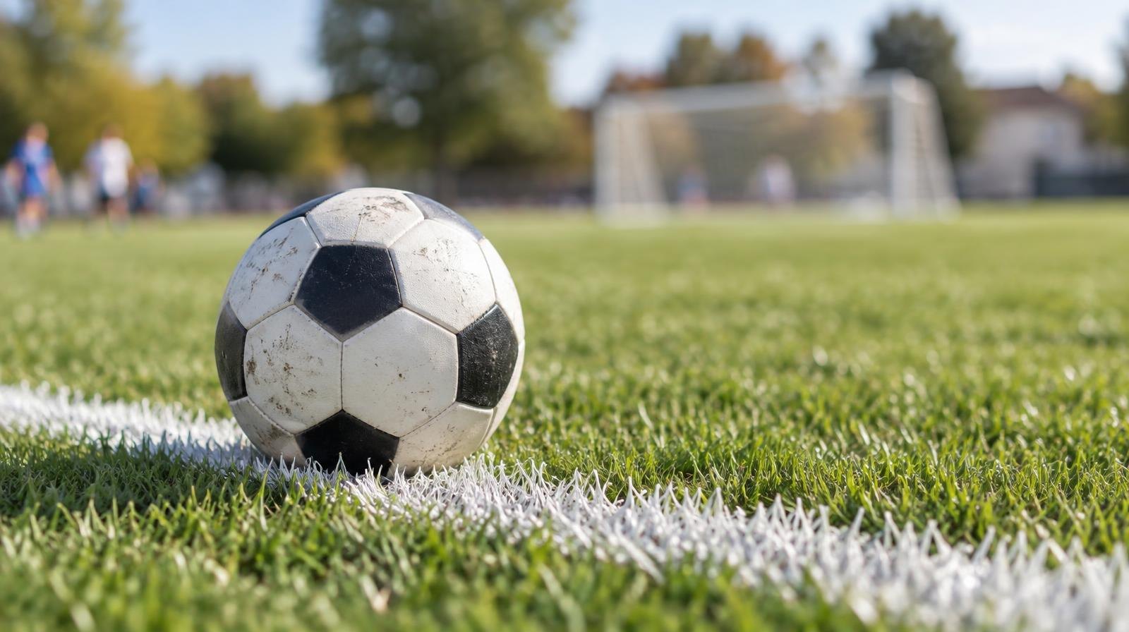 A soccer ball resting on a white painted line on a green grass field.