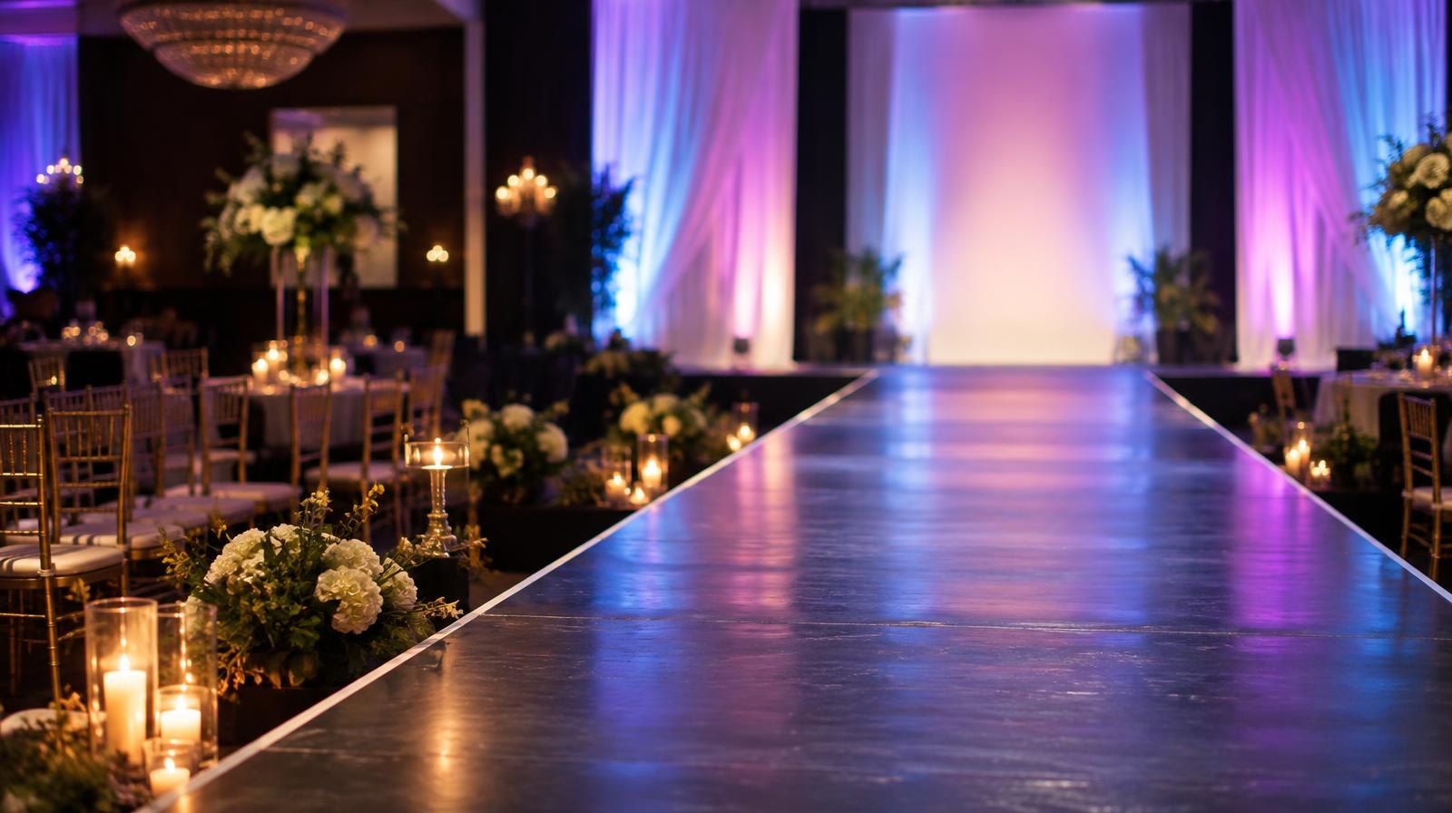 Colorful stage lights illuminate an empty catwalk at an indoor event venue.