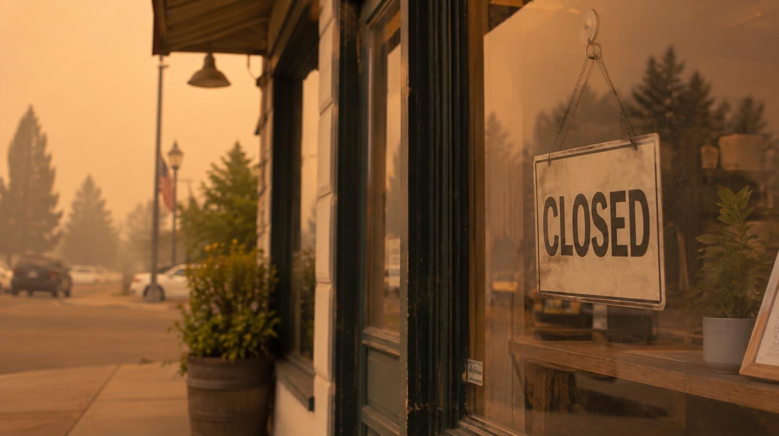 Small storefront shop with a closed sign in the window under an orange smoky sky.