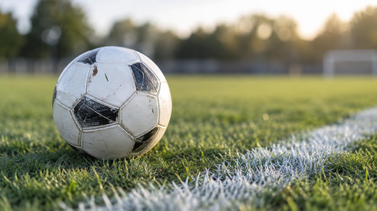 A white soccer ball on a green grass field near a white painted line.