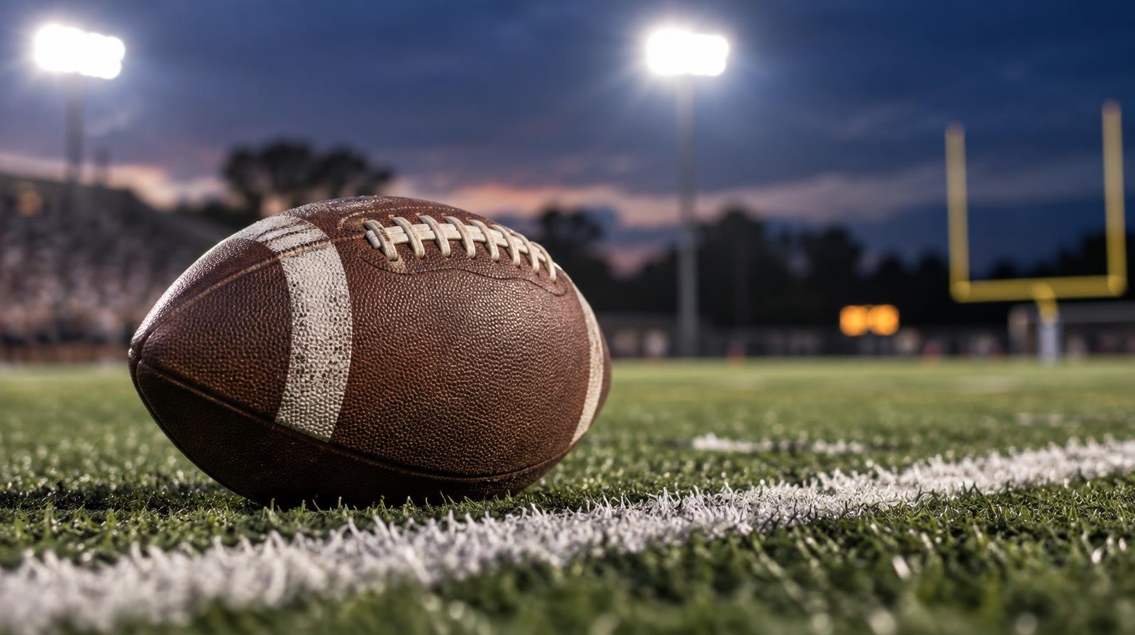 An American football resting on green artificial turf beside a white yard line.