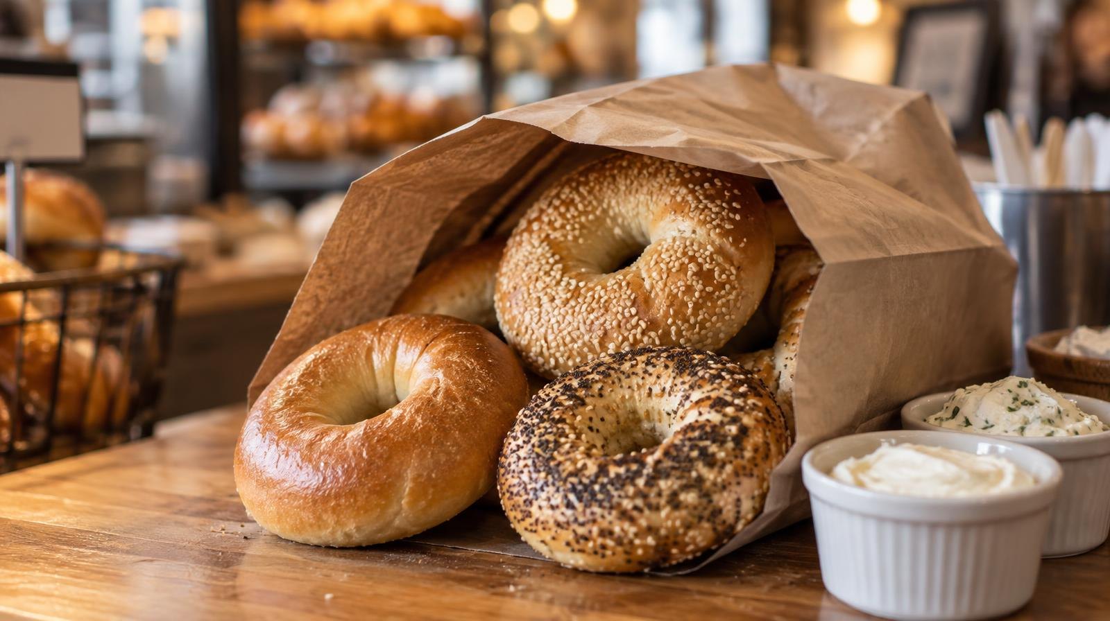 A paper bag of fresh bagels beside small ramekins of cream cheese on a wooden counter.