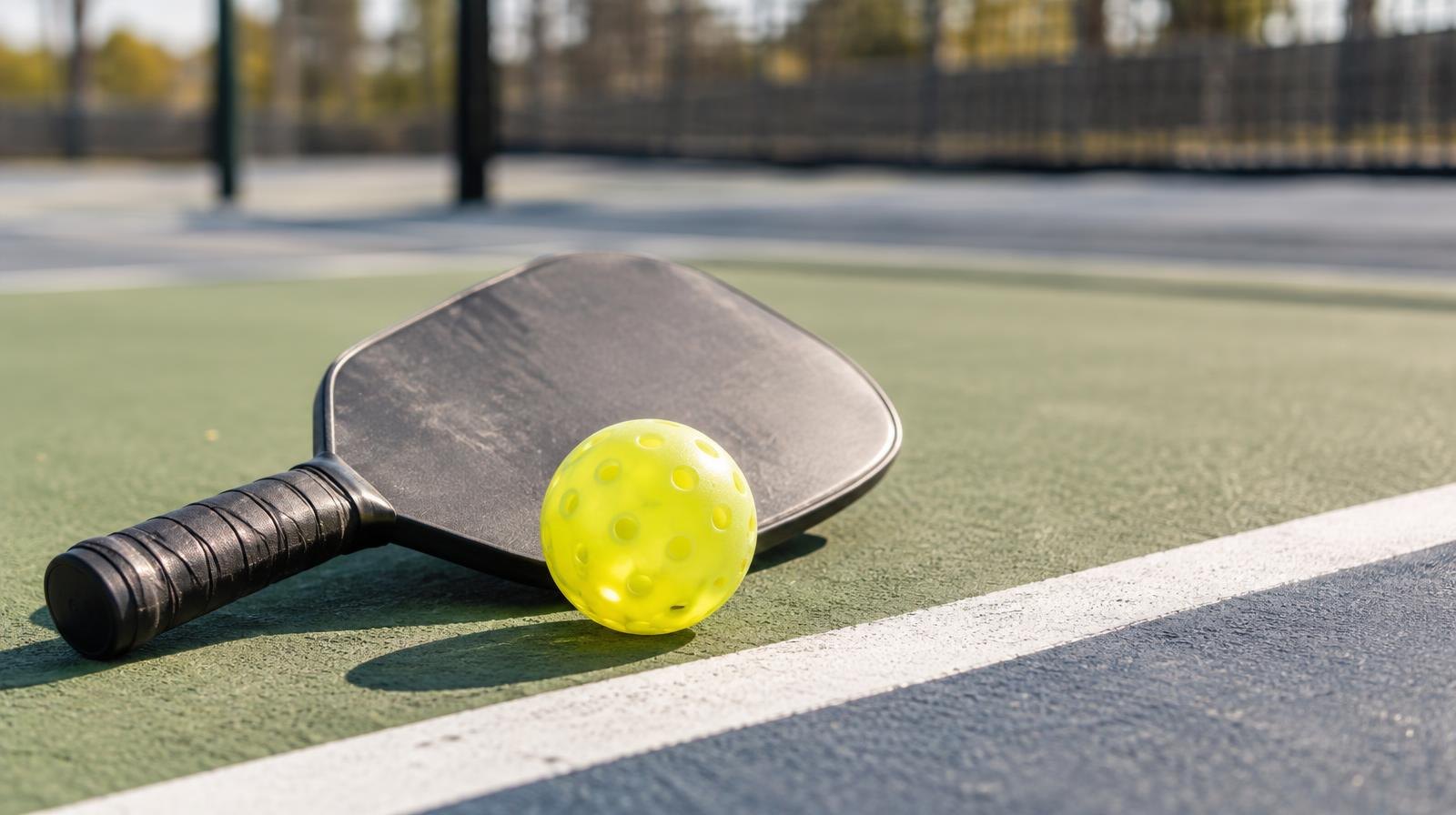 Pickleball paddle and yellow ball on a painted hard court surface.