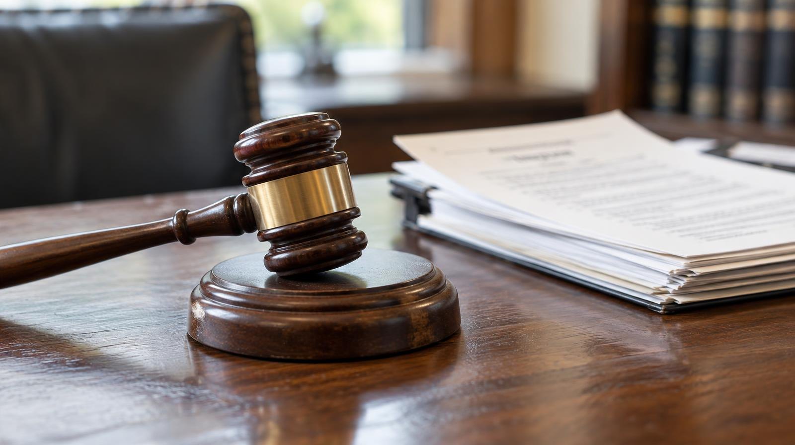 Wooden gavel on its sound block next to stacked documents on a table.