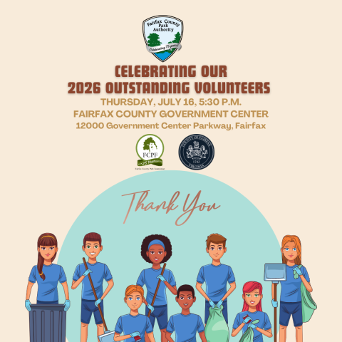 Colorful flyer with cartoon volunteers in blue shirts promoting a volunteer appreciation event on July 16.