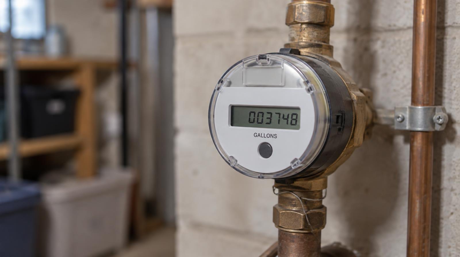 A digital water meter mounted on a pipe in a basement utility room.