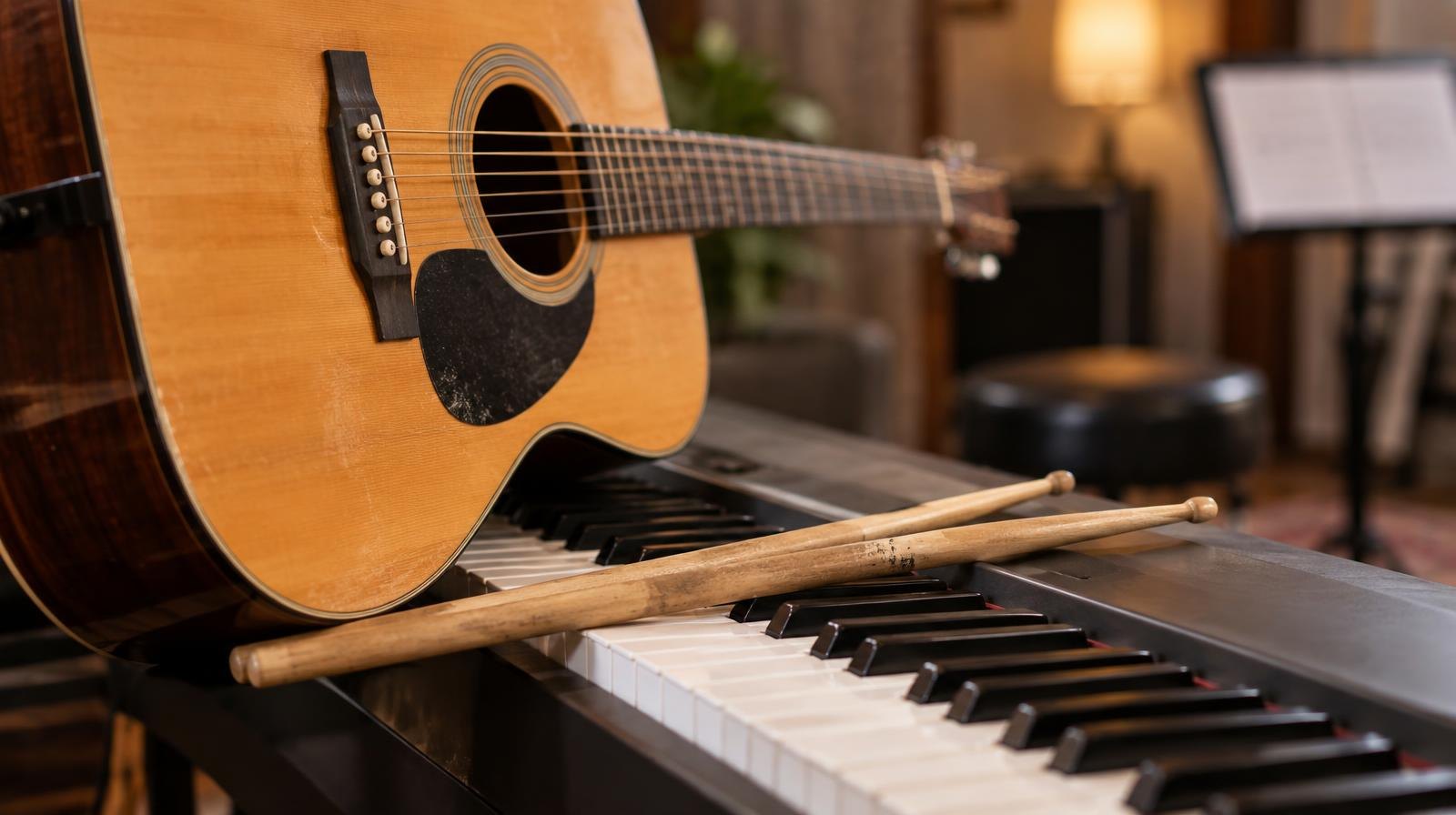 Acoustic guitar and drumsticks resting on a piano keyboard indoors.