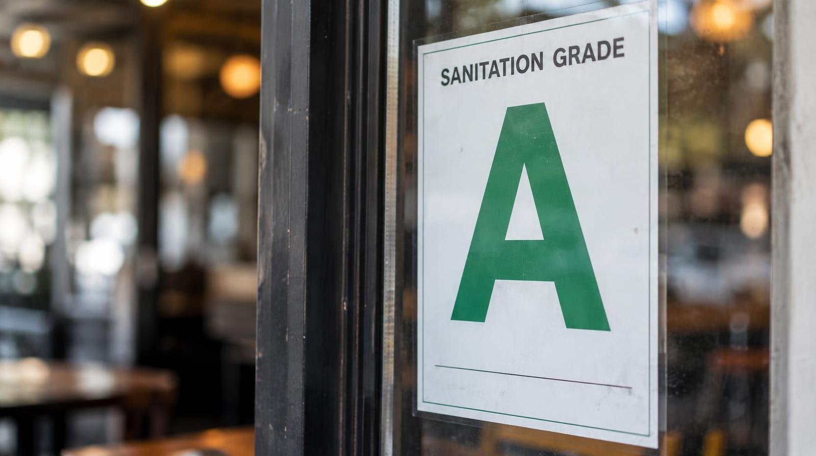 An A-grade restaurant sanitation card posted in a window.