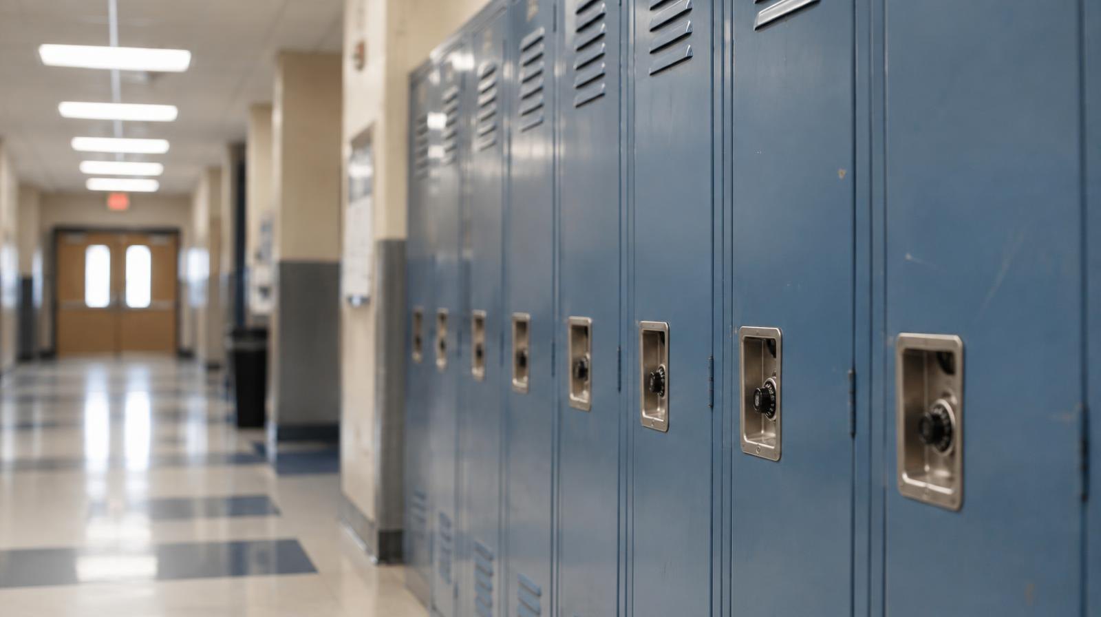 Metal school lockers lining a tiled hallway under fluorescent lights