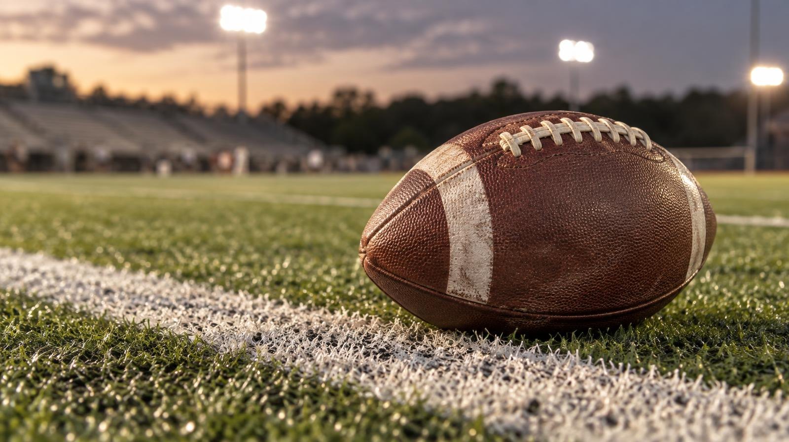 An American football resting on green artificial turf beside a white yard line.
