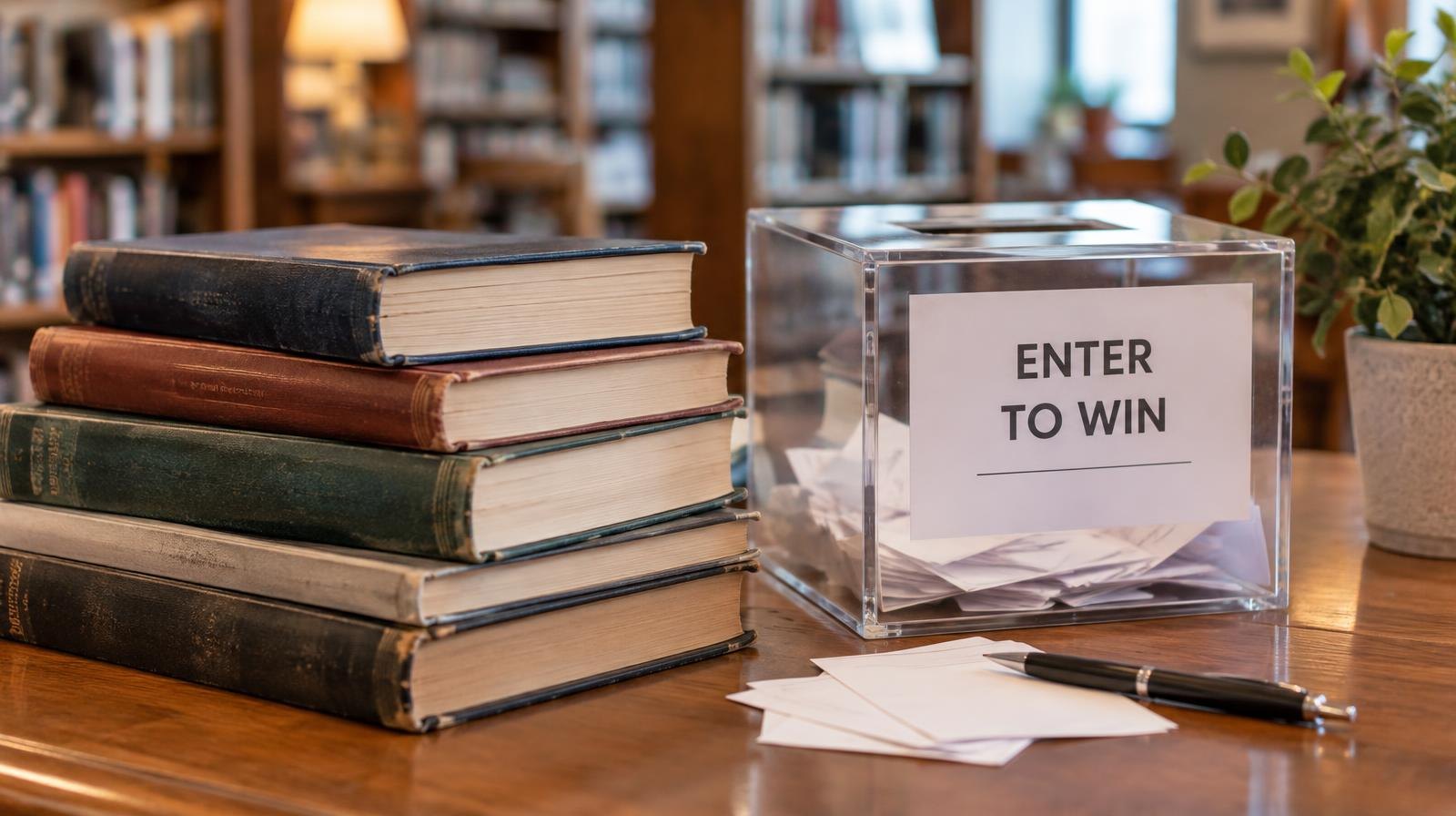 Stack of hardcover books next to a small entry box on a wooden desk.
