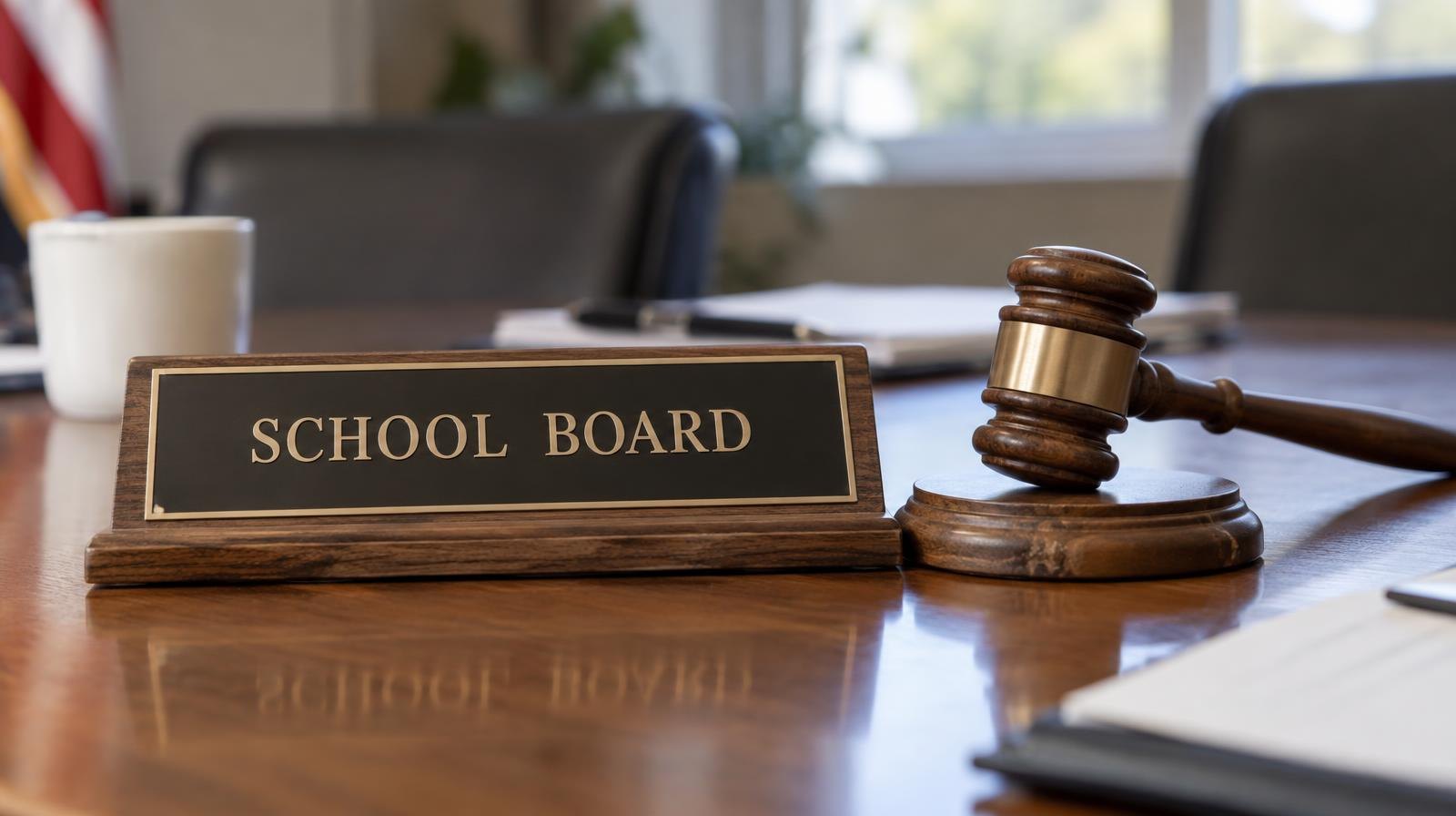 Wooden gavel and nameplate resting on a polished conference table.