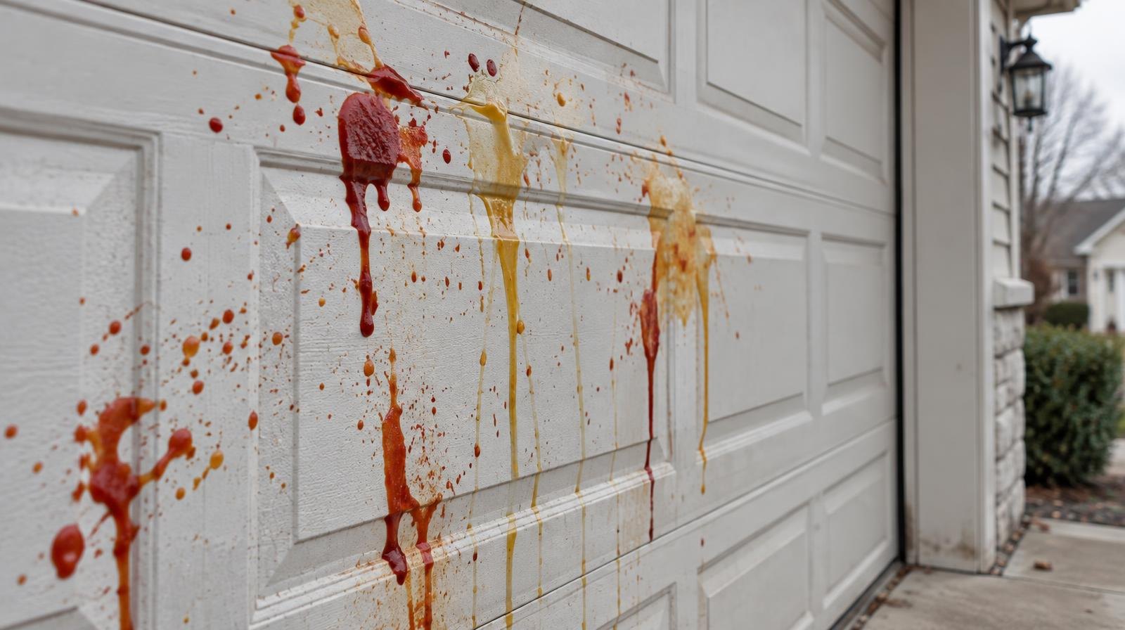 A suburban garage door covered in red and yellow condiment splatter stains.