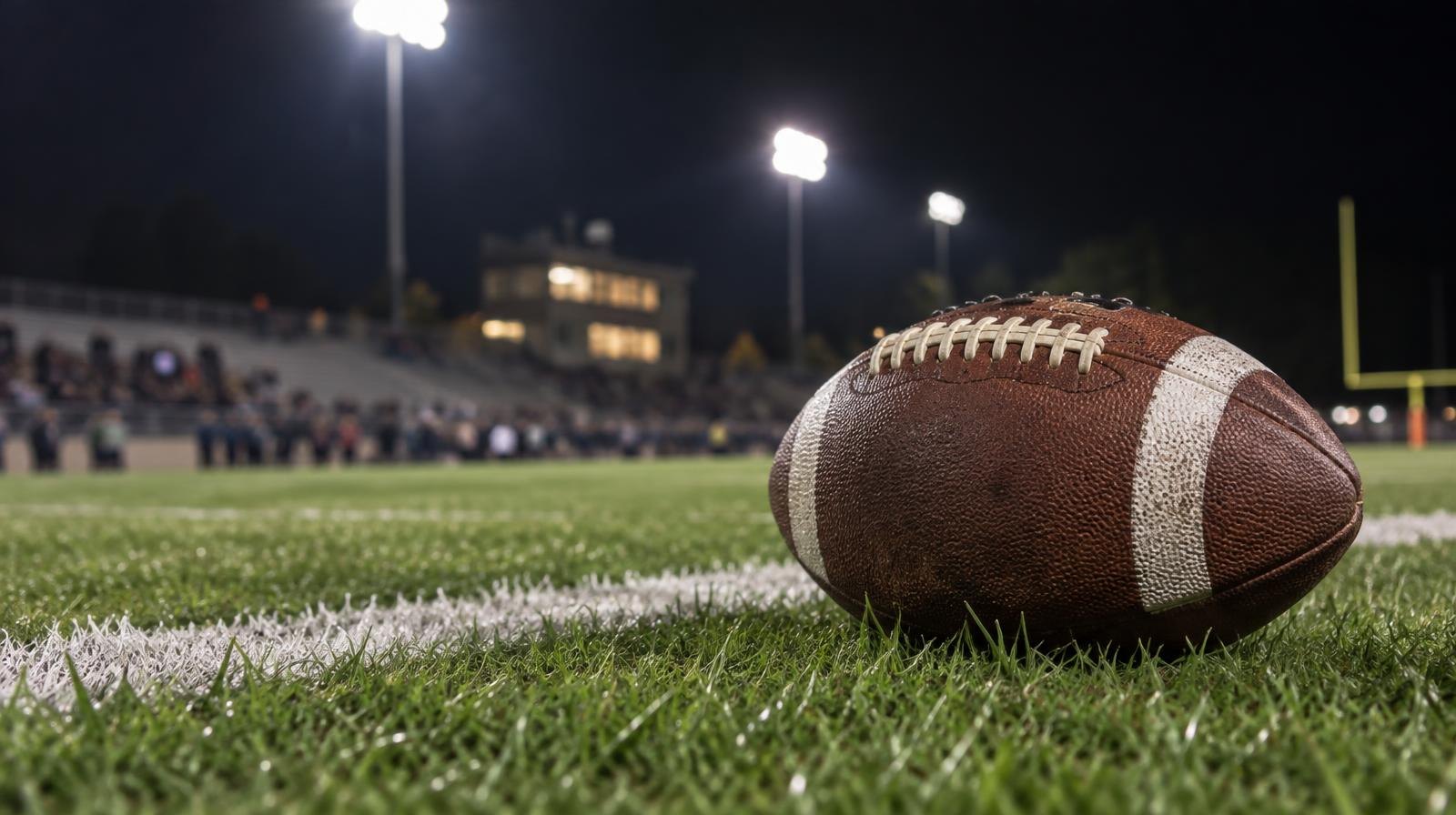 An American football resting on green grass near a white yard line under stadium lights.