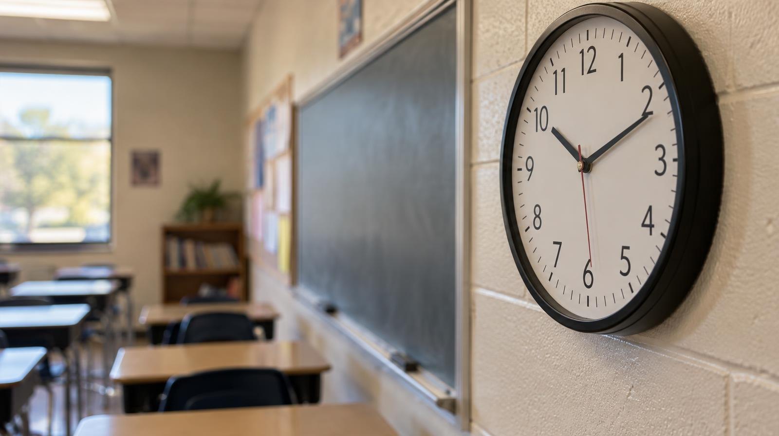 A round wall clock mounted above a row of empty wooden student desks in a sunlit classroom.