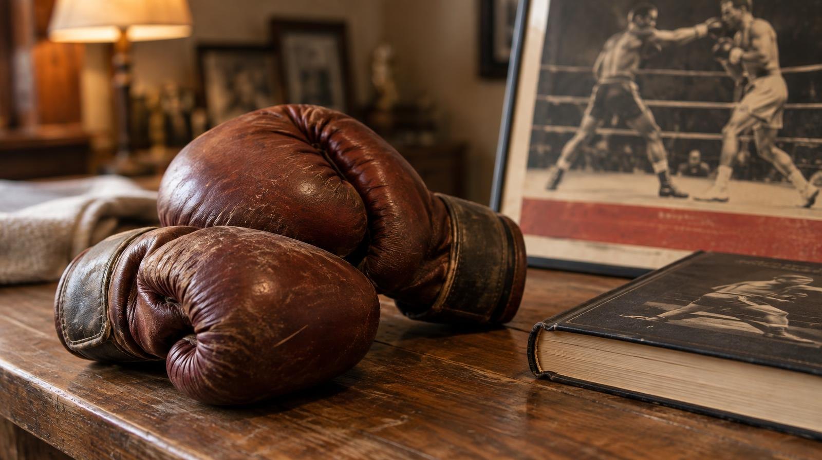 Worn leather boxing gloves on a wooden table beside a book and poster.