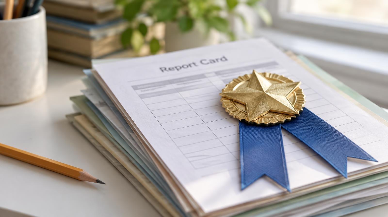 A gold star award ribbon on a stack of papers beside a sharpened pencil on a white surface.